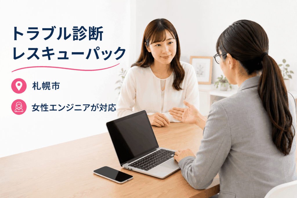 女性エンジニアがパソコンとスマートフォンのトラブルを診断している相談風景